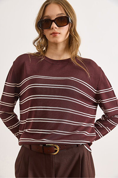 Olalook Γυναικείο πουλόβερ από βισκόζη καφέ ριγέ ντραπέ λεπτό πλεκτό πουλόβερ KZK-19001011