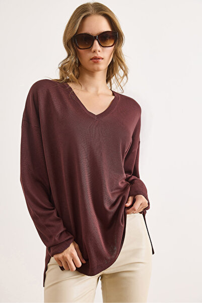 Olalook Women's Brown Viscose V-Neck Mini Slit Draped Basic Slim Knitwear Sweater Kzk-19001013