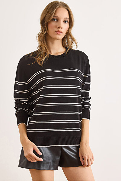 Olalook Pulover de tricotat subțire, negru, din viscoză, cu decolteu, cu dungi, pentru femei KZK-19001011