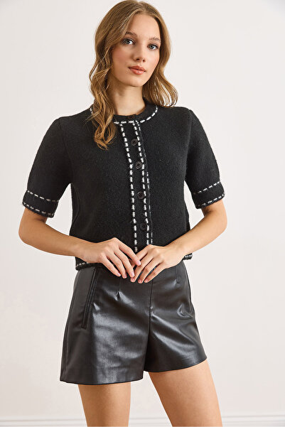 Olalook Women's Black Stripe Detailed Soft Textured Crop Beard Cardigan Hrk-19000418