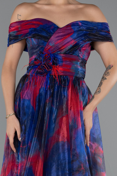 Abiyefon Lacivert Kayık Yaka Yırtmaçlı Uzun Empirme Abiye Elbise ABU5262