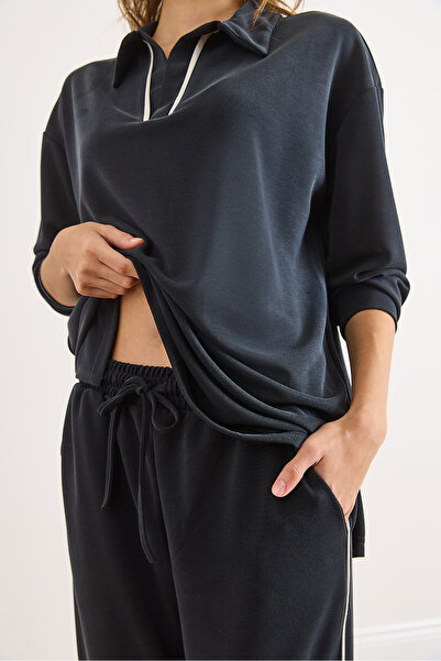 Olalook Kadın Füme Pike Modal Biye Detaylı Dökümlü Alt Üst Takım TKM-19000440