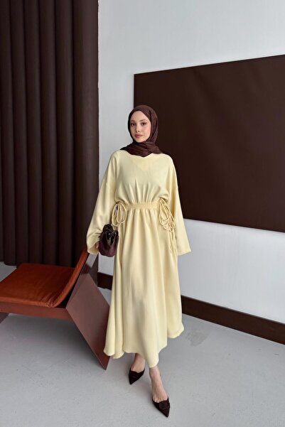 QUQA Beli Lastikli Elbise - Sarı