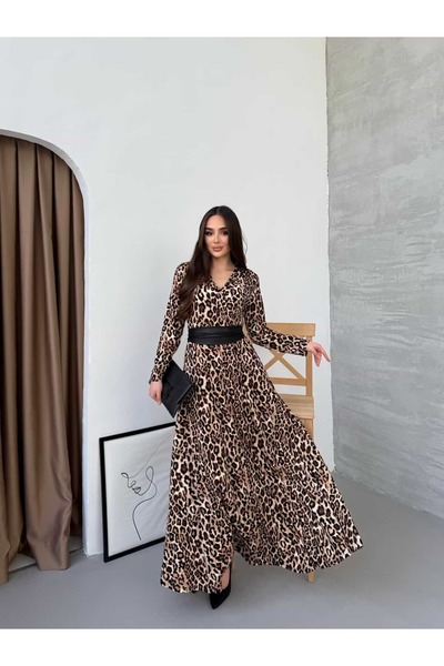 KOKOSH 1029 Leopar Kemerli Maxi Elbise