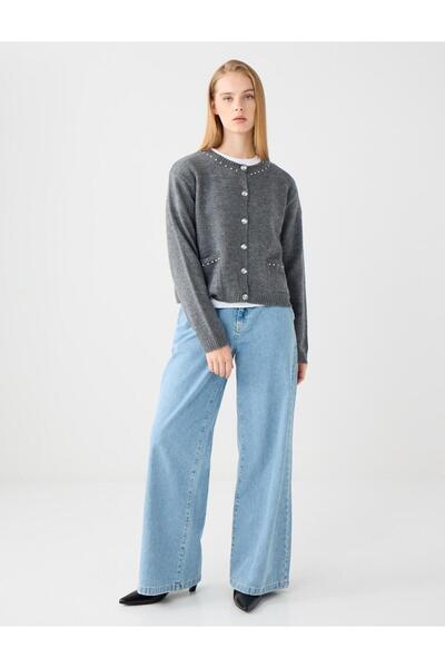 Jimmy Key Gri Yuvarlak Yaka Düz Kesim Triko Hırka