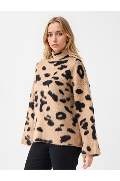 Jimmy Key Taba Rahat Kesim Dik Yaka Leopar Desenli Triko Kazak
