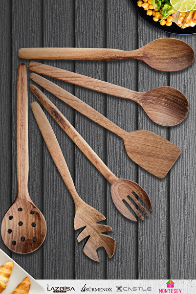 MONTESEV Doğal Ceviz Ağacı Ahşap Tahta Kaşık Spatula Kevgir Çatal Seti Ağaç K...