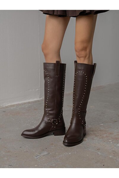 ECENİN BUTİĞİ Faren Kahve Zımbalı Hakiki Deri Kadın Çizme