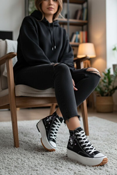 welissa Kuromi Baskılı Siyah Yüksek Topuk Kanvas Ayakkabı Sneaker
