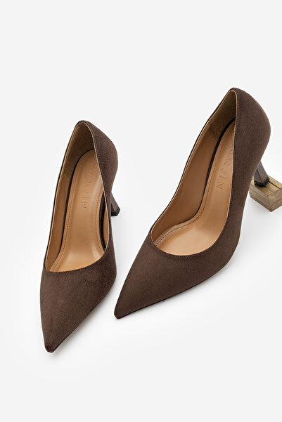 Marjin Women's Stiletto Pointed Toe Wooden Patterned Heel Heeled Shoes Zonar Brown Suede