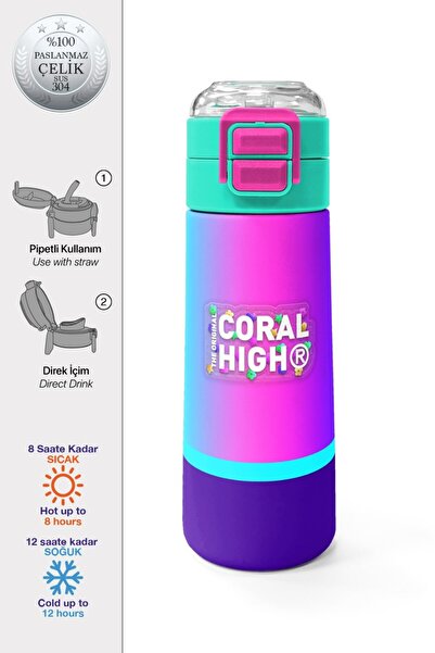Coral High Kids Renkli Çizgili Pipetli ve Direkt İçim Çelik Termos 500 ml 31836