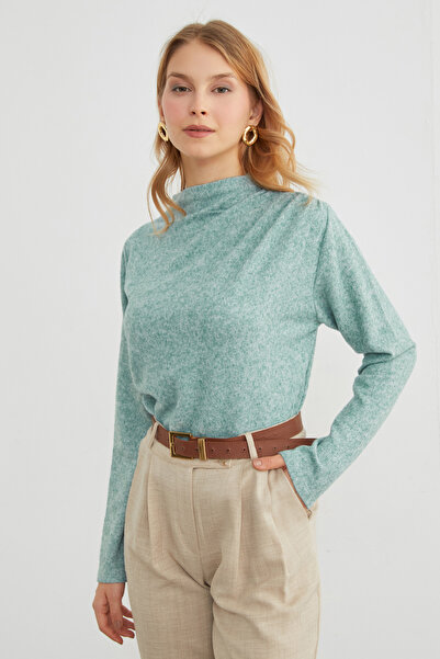 Fulla Moda High Neck Knit Blouse with Draped Sides