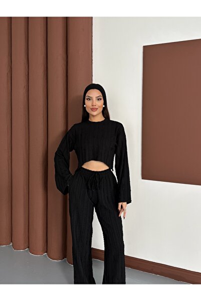 LE CARAMBOLE Women's Black Spanish Sleeve Ruffle Fabric Bottom Top Set