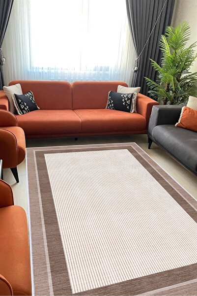 CENTER AVM Kahverengi Halı Salon Halısı Makinede Yıkanabilir Halı Kaymaz Taban Halı