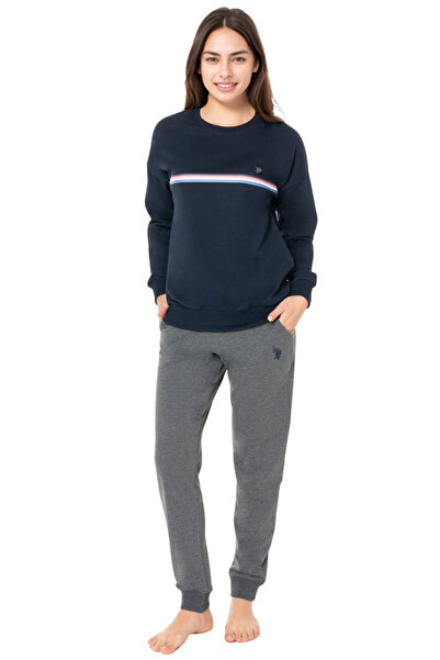 U.S. Polo Assn. Women's Navy Blue Top Gray Bottom Pajama Set – Cotton Long Sleeve Comfortable Home & Sleep Set