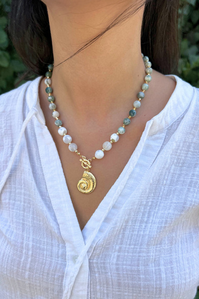 Suerte Accessories Indian Agate and Moss Agate Natural Stone Handmade Special Design with Steel Pendant Women's Natural Stone Necklace