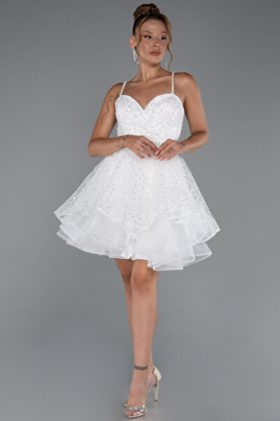 Abiyefon Ekru Askılı Kısa Pullu Abiye Elbisesi ABK2435