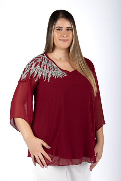 MEDOL GİYİM Büyük Beden Şifon V Yaka Abiye Bluz