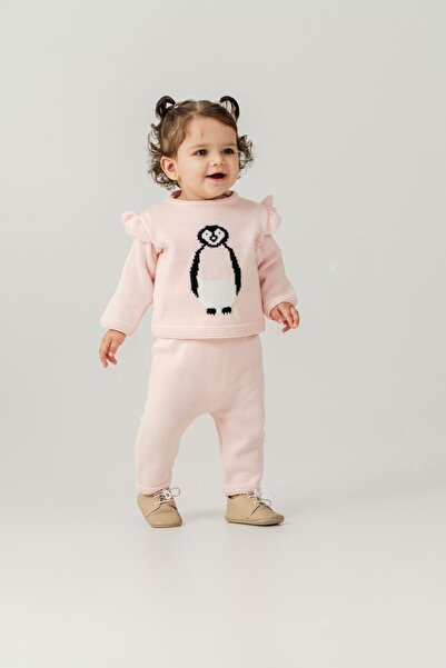Eray Kids Kız Bebek Penguen Desenli Örme Triko Alt Üst Takım (9-12-18-24 Aylık)