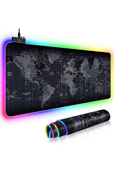 TnsAround Mousepad de gaming Profesionala RGB, 7 moduri de iluminare, 2 niveluri de luminozitate, model cu hartă a lumii, 90x40 cm