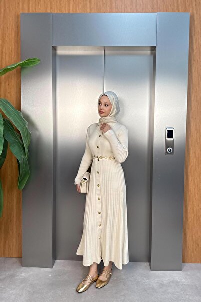 QUQA Gold Düğmeli Triko Elbise - Krem