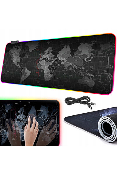 TnsAround Mousepad de gaming Profesionala RGB, 7 moduri de iluminare, 2 niveluri de luminozitate, model cu hartă a lumii, 90x40 cm