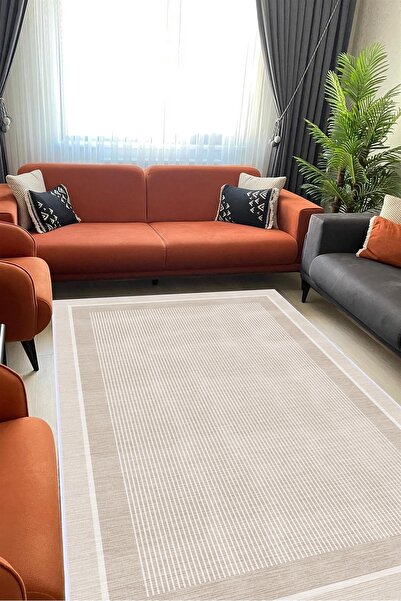 CENTER AVM Krem Halı Salon Halısı Makinede Yıkanabilir Halı Kaymaz Taban Halı