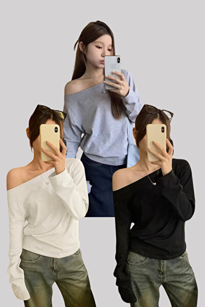 Tarz Cool Black White Gray 3 Pack Women's Off Shoulder Boat Neck Oversize Long Sleeve T-Shirt