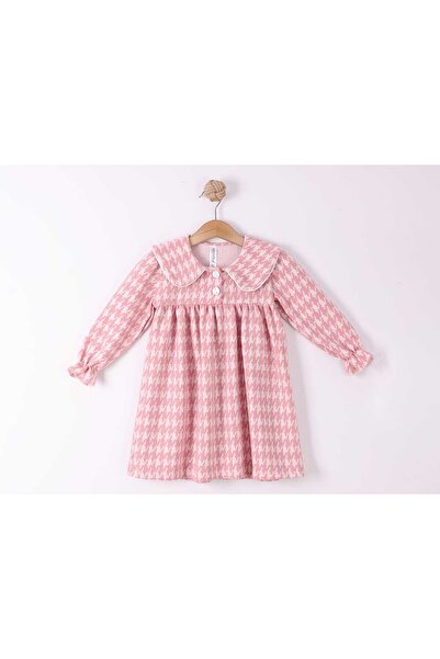 Elayza BEBE YAKALI KOLLARI LASTİKLİ ROBADAN BÜZGÜLÜ UZUN KOLLU JAKARLI LİKRALI PAMUK KIZ ÇOCUK ELBİSE