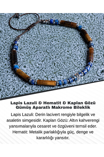 Saff Doğal Taş سوار مكرامية مرصع باللازورد والهيماتيت وعين النمر والفضة