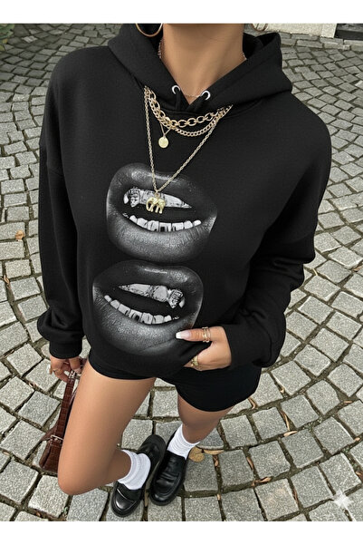 Afri Negru pentru femei supradimensionat cu glugă Swea tricou – cu imprimeu c...