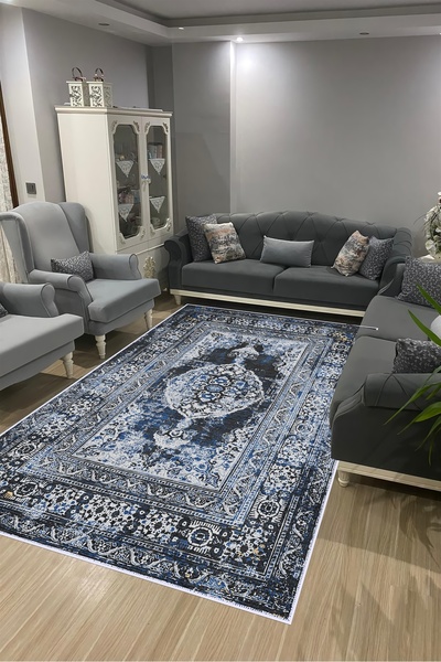 CENTER AVM Lacivert Halı Salon Halısı Makinede Yıkanabilir Halı Kaymaz Taban Halı