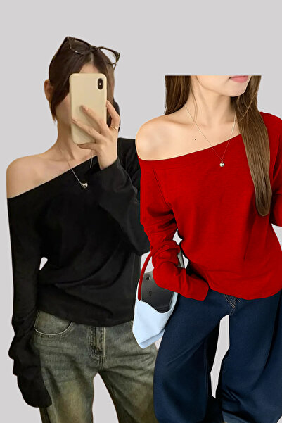 COOL TARZ Red Black 2 Pack Women's Off-Shoulder Boat Neck Oversized Long Sleeve T-Shirt