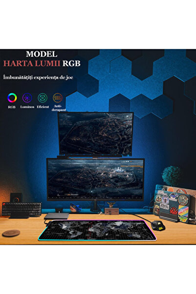 TnsAround Mousepad de gaming Profesionala RGB, 7 moduri de iluminare, 2 niveluri de luminozitate, model cu hartă a lumii, 90x40 cm