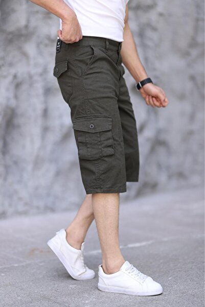 Genel Markalar Erkek Haki Slim Fit Kapri Likralı Gabardin Diz Altı Yandan Cepli Bermuda