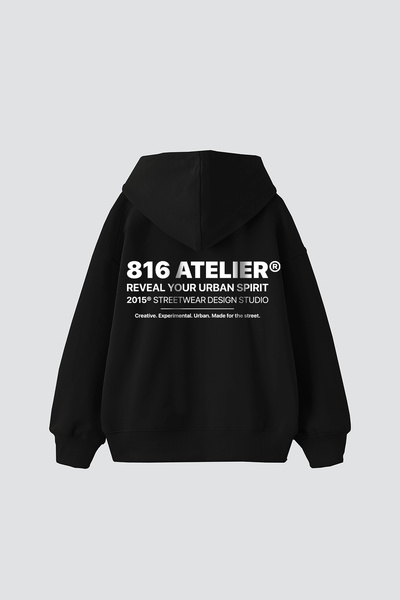 Bak Moda 816 أتيليه ®   هودي أسود كبير الحجم مطبوع للجنسين