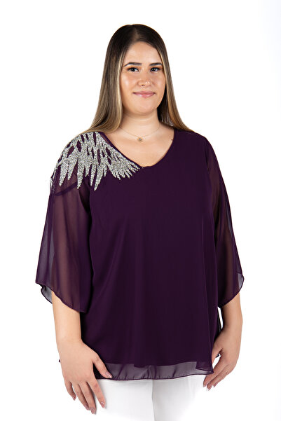 MEDOL GİYİM Büyük Beden Şifon V Yaka Abiye Bluz