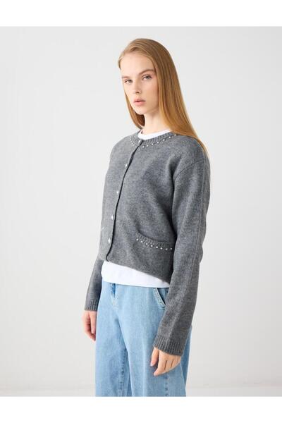 Jimmy Key Gri Yuvarlak Yaka Düz Kesim Triko Hırka
