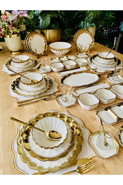 CASA DE BELLA Mary Gold 86 Parça 12 Kişilik Porselen Yemek ve Kahvaltı Takımı