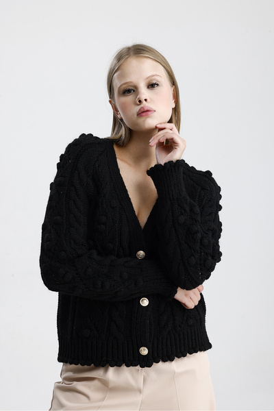 Figo Women's Pompom Patterned Knitwear Cardigan