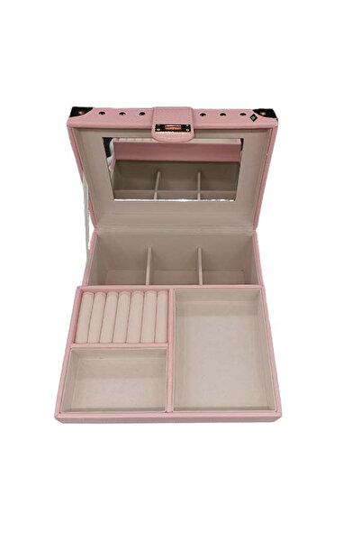 velve Chest-shaped jewelry and accessories box with mirror, made of genuine leather, pink