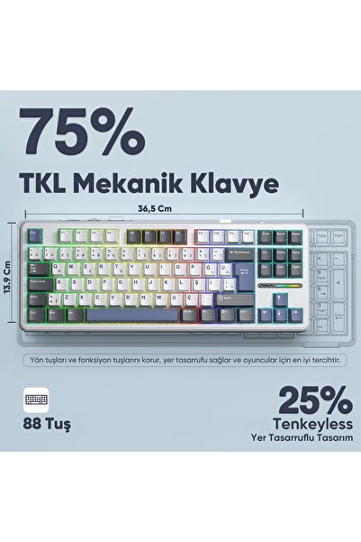 Aula F87 PRO Mekanik RGB TKL GrayWood V4 Switch Kablosuz Makrolu Hot Swap Türkçe Q Klavye Mavi