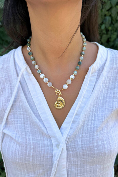 Suerte Accessories Indian Agate and Moss Agate Natural Stone Handmade Special Design with Steel Pendant Women's Natural Stone Necklace