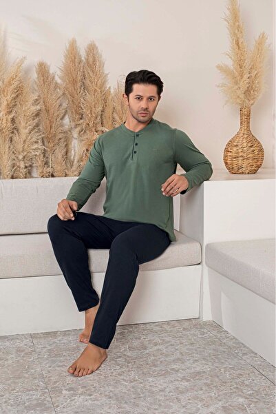 GUAVA+ Ανδρικό πράσινο σετ πιτζάμες με ελαφρύ μακρυμάνικα κουμπιά από 100% βαμβάκι