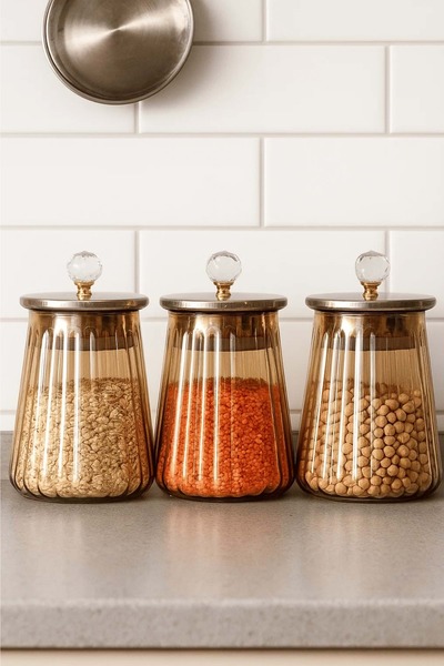 Jenisa 3-Piece Amber Glass Jar with Metal Lid - Vacuum Lid Storage Container, Spice Jar Set