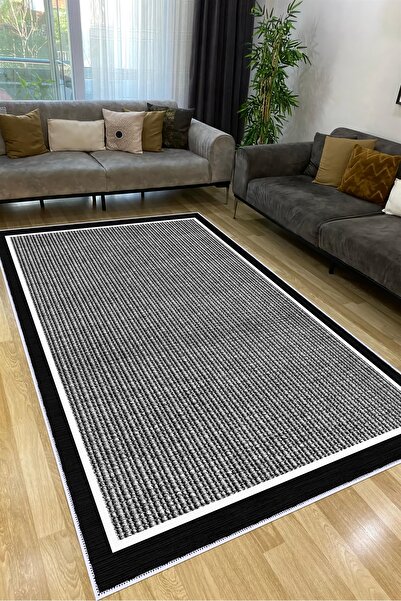 CENTER AVM Siyah Beyaz Halı Salon Halısı Makinede Yıkanabilir Halı Kaymaz Tab...
