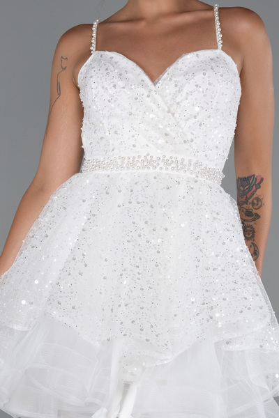 Abiyefon Ekru Askılı Kısa Pullu Abiye Elbisesi ABK2435