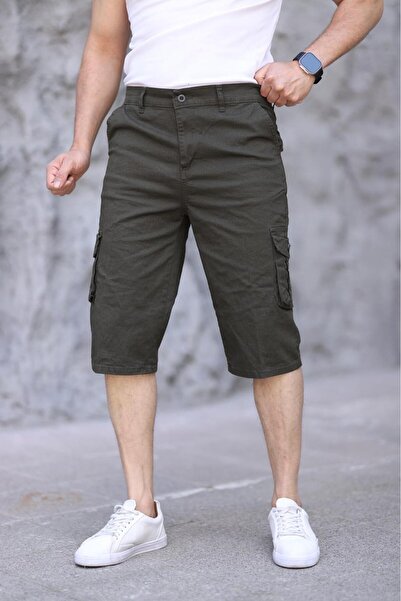 Genel Markalar Erkek Haki Slim Fit Kapri Likralı Gabardin Diz Altı Yandan Cepli Bermuda
