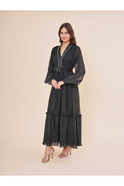 SERPİL Şifon Uzun Kollu Piliseli Kuşaklı Maxi Elbise 51120