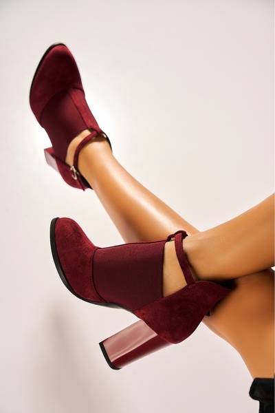 Joana Cizme cu toc Alyea2 pentru femei, din piele întoarsă, de culoare bordeaux, la modă